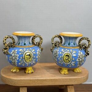 Italian Majolica Vases Hand Painted Deruta Style Ceramic Urns Dragon Handles Set